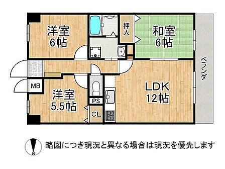 和室を含む3LDKの間取りです