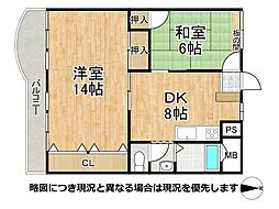 山科団地D棟 2DKの間取図画像