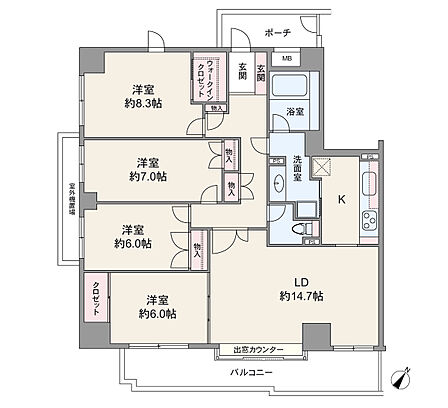 間取りは専有面積107.10平米の4LDK。全個室6帖以上のゆとりあるプラン。キッチンは生活感が伝わりにくい独立型で、洗面室(洗濯機置場)に直接アクセスが出来ます。