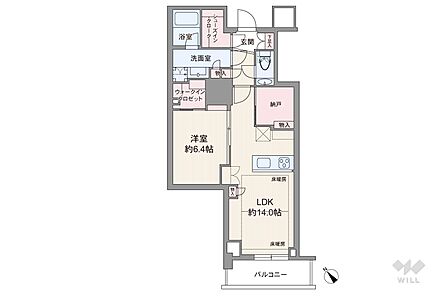 間取りは専有面積57.98平米の1LDK。バルコニー面積は5.38平米です。