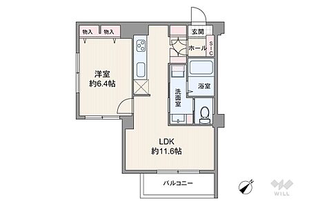 間取りは専有面積40.33平米の1LDK。LDK約11.6帖のプラン。バルコニー面積は2.90平米です。
