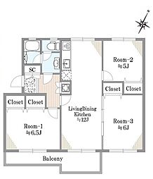 片倉台団地1-3号棟 3LDKの間取図画像