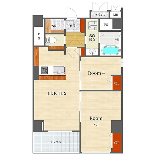 京都府京都市上京区竹屋町(賃貸マンション2LDK・3階・53.68㎡)の写真 その2