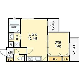 グランディール豊川 3階1LDKの間取り