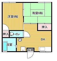 JR宇野線 大元駅 徒歩15分の賃貸アパート 2階2DKの間取り