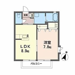 ディアコート宮城野 2階1LDKの間取り