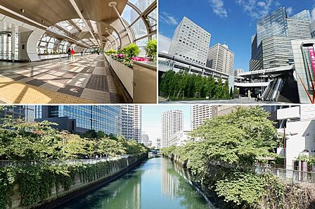 左上・最寄り駅「大崎」(徒歩7分)。/右上・複合商業施設「ゲートシティ大崎」。/下・ご紹介する物件は「目黒川」から徒歩3分の場所です。