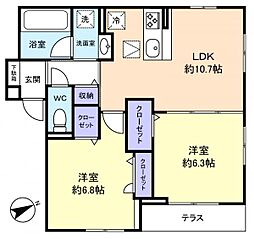Ｒｅｓｉ　ＮＯＩＲ（レジノワール） 1階2LDKの間取り
