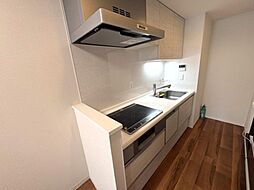 作業スペースを多くとったキッチン。夫婦そろってキッチンに立っても調理がしやすくゆとりある広さ。食器類もすっきりと片付く収納力が期待できます。家事をしながら会話も弾みます。