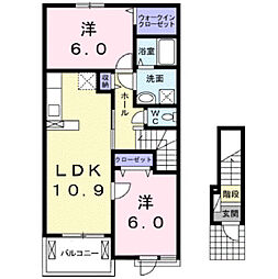 JR山陽本線 笠岡駅 バス15分 富岡下車 徒歩5分の賃貸アパート 2階2LDKの間取り