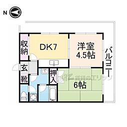 近鉄けいはんな線 新石切駅 徒歩32分の賃貸マンション 4階2DKの間取り