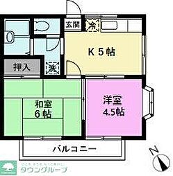 東武伊勢崎線 大袋駅 徒歩19分の賃貸アパート 2階2Kの間取り