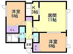 ノベル西宮の沢伍番館 2LDKの間取図画像