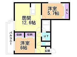 澄川パークハイツ弐番館 2LDKの間取図画像