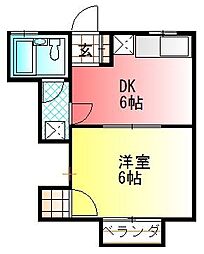 ルイシャトレ富士見A 2階1Kの間取り