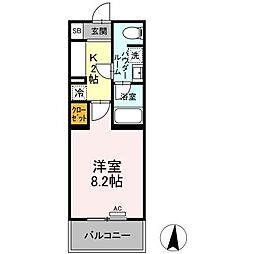 ファンディ平塚 8階1Kの間取り