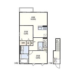 ドミールTanaka 2階2LDKの間取り