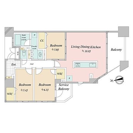 角部屋につき明るく風通しの良い室内。各所に収納を設けており荷物が多い方も安心です。