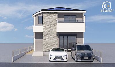 外観:【外観(パース図)】車2台並列駐車OK!大型車も安心。上質なデザインと高い機能性が共存。グレーとホワイトを基調としたスタイリッシュな外観に、石積み調のアクセントが重厚感をプラス。 外観:【外観(パース図)】車2台並列駐車OK!大型車も安心。上質なデザインと高い機能性が共存。グレーとホワイトを基調としたスタイリッシュな外観に、石積み調のアクセントが重厚感をプラス。
