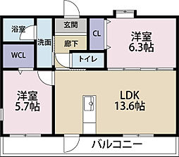 メゾン・ド・ゼフ 2階2LDKの間取り