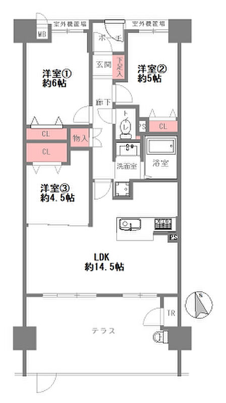 専有面積約66.1m2、3LDKの間取り。南向きテラス、2026年4月リフォーム済み。