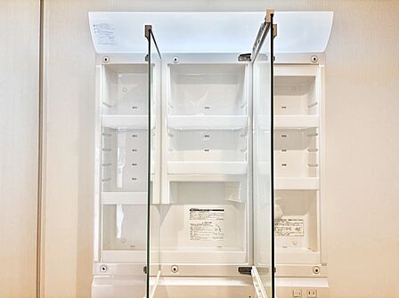 三面鏡の裏に、化粧品や衛生用品などを収納可能。洗面台をすっきりと保ちます！