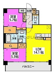 RIVERLANDOHORI 2LDKの間取図画像