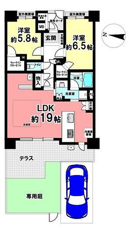 約19帖の広々LDKに床暖房を完備♪洋室2部屋にはそれぞれWICを備え、収納力も◎!さらにテラス+専用庭+専用ポーチ付きで、戸建感覚のゆとりある暮らしを楽しめます♪