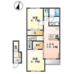 JR福塩線 道上駅 徒歩3分の賃貸アパート 2階2LDKの間取り