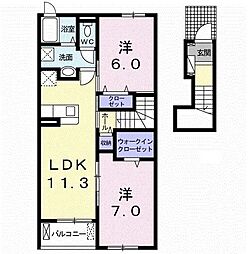 JR福塩線 万能倉駅 徒歩27分の賃貸アパート 2階2LDKの間取り
