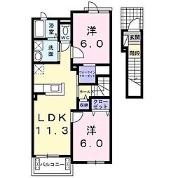 JR福塩線 道上駅 徒歩5分の賃貸アパート 2階2LDKの間取り