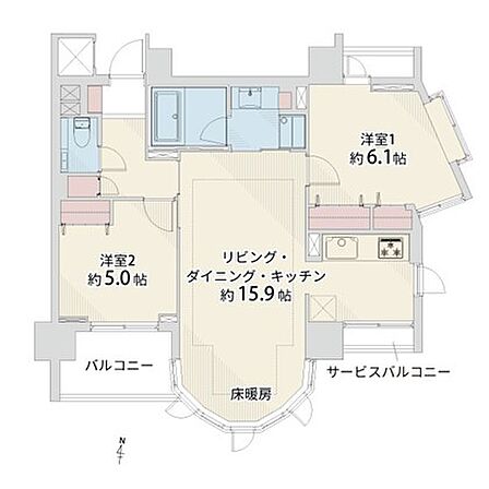 2LDK、専有面積60.93?、バルコニー面積6.00?、サービスバルコニー面積2.63?、室内リノベーション実施