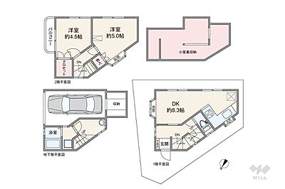 間取り：間取りは延床面積62.69平米（車庫面積約13平米含む※概算）の2DK。