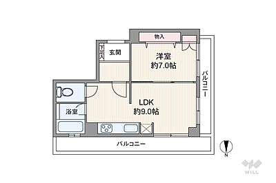 間取り：間取りは専有面積33.98平米の1LDK。バルコニー面積は11.34平米です。