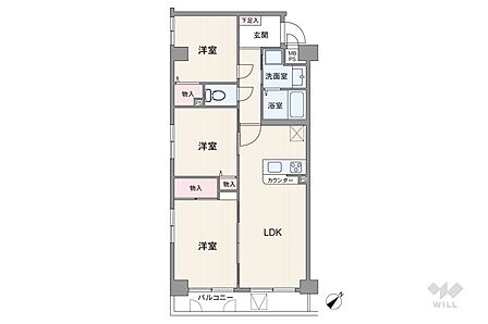 間取りは専有面積57.98平米の3LDK。縦長リビングのプラン。バルコニー面積は5.08平米です。