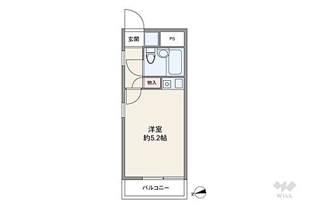 間取りは専有面積17.75平米の1R。バルコニー面積は2.65平米です。