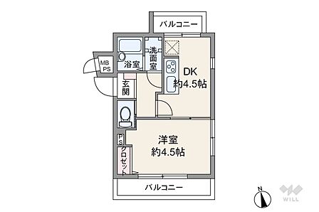 間取りは専有面積26.26平米の1DK。室内廊下が短く居住スペースを広く確保したプラン。DK・洋室ともに2面採光を確保しています。両面にバルコニーがあり、バルコニー総面積は5.75平米です。