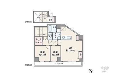 間取り：間取りは専有面積61.36平米の2LDK。メゾネットのプラン。バルコニー面積は5平米（概算）です。