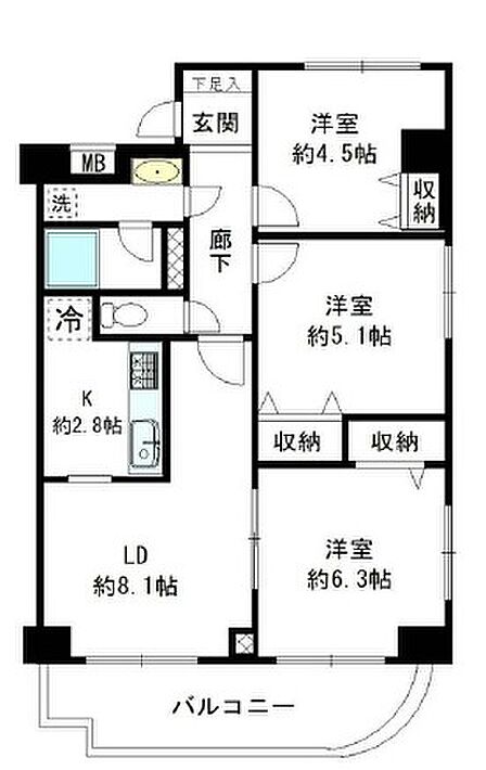 【間取り図】3LDK 専有面積:58.62? バルコニー面積:6.76?