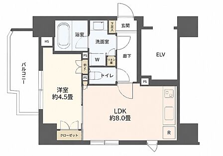 西・南の角住戸に位置する、約8.0畳のLDKと約4.5畳の洋室を配した機能的な1LDKの間取りです。玄関まわりには洗面室や浴室、トイレがまとまって配置され、プライバシー性に配慮された内廊下設計となって