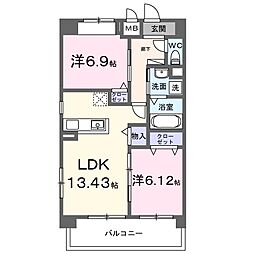 メルベージュ久留米 1階2LDKの間取り