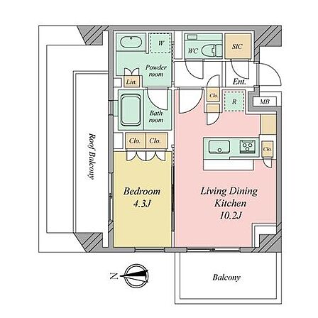 西×北×東の三方角住戸です。東側に開口部はありませんが共用階段側に面しています。上階もなくプライバシー性のある住戸です。