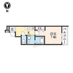 近鉄けいはんな線 長田駅 徒歩8分の賃貸アパート 2階1Kの間取り
