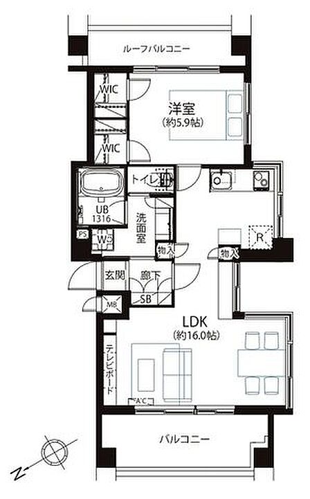 最上階6階部分の角住戸、両面バルコニーで日当り・通風良好。ルーフバルコニー付きの1LDK。