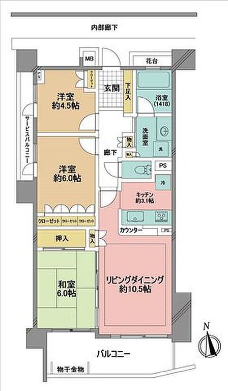 2階部分のバルコニー南向きで日当り・通風良好。内装リフォーム歴のある明るくゆとりのある3LDK。