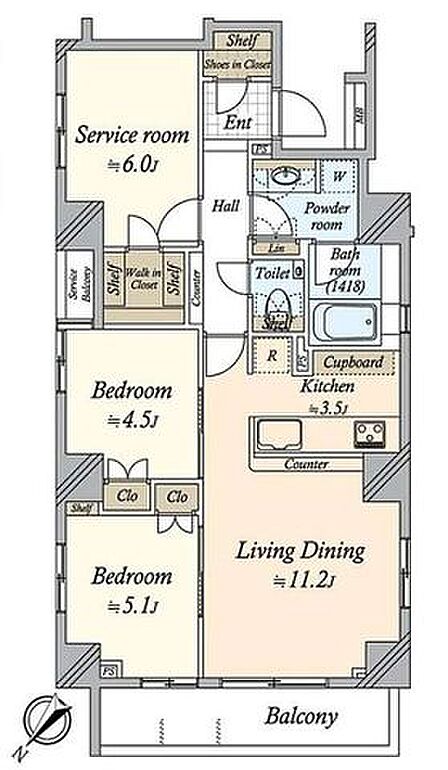 7階高層の2LDK+S。角部屋につき、2面採光で明るく開放感ある住空間です。