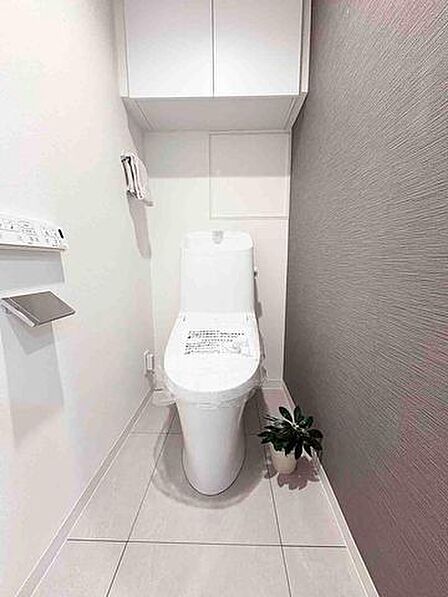 ウォシュレット機能付きのトイレ。タオルハンガー、トイレの立ち上がりに便利な手すりが標準装備しています。壁面に収納棚が設置されているので、備品の収納もできますね！