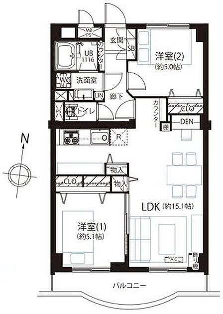 作業のしやすい壁付けタイプのシステムキッチン。各所に収納を設けており荷物が多い方も安心です。