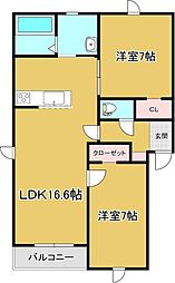 仮称)西16南6アパート 2LDKの間取図画像