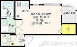 ハーモニーテラス淡路II 2階ワンルームの間取り